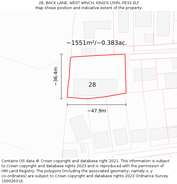 28, BACK LANE, WEST WINCH, KING'S LYNN, PE33 0LF: Plot and title map