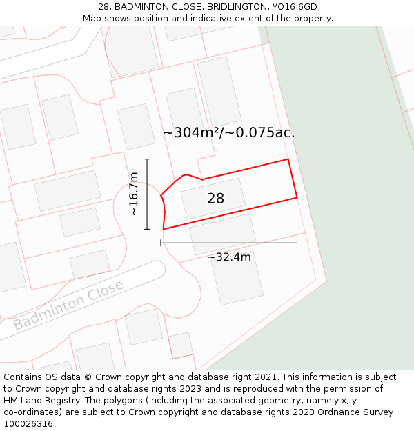 28, BADMINTON CLOSE, BRIDLINGTON, YO16 6GD: Plot and title map
