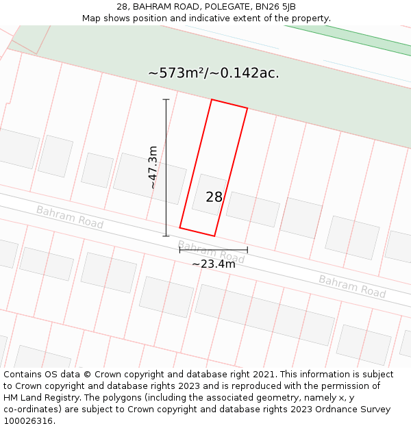 28, BAHRAM ROAD, POLEGATE, BN26 5JB: Plot and title map