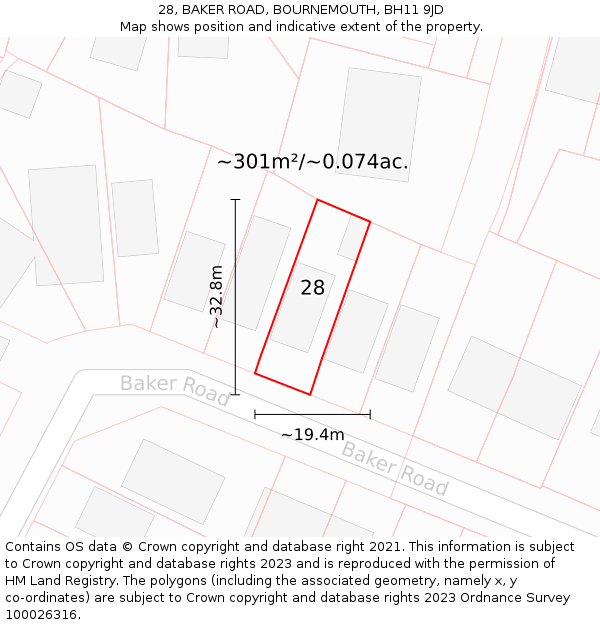 28, BAKER ROAD, BOURNEMOUTH, BH11 9JD: Plot and title map