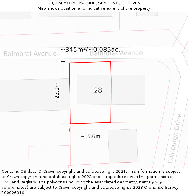 28, BALMORAL AVENUE, SPALDING, PE11 2RN: Plot and title map