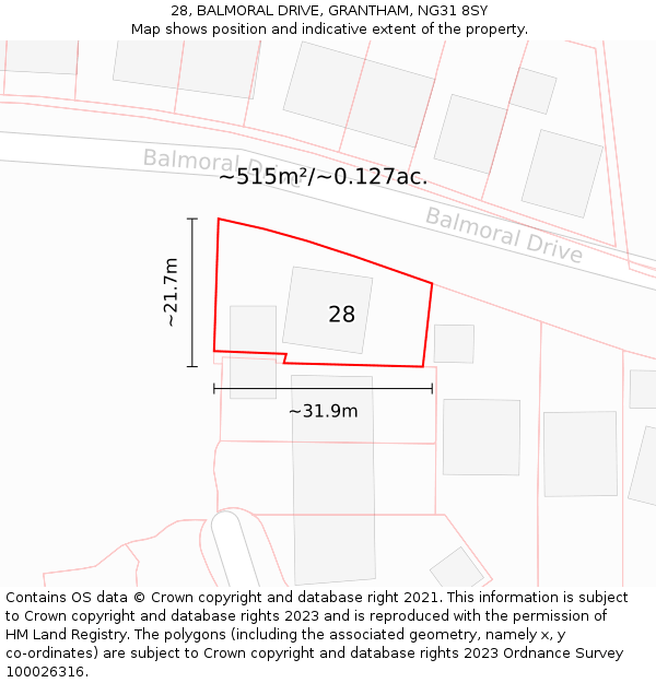 28, BALMORAL DRIVE, GRANTHAM, NG31 8SY: Plot and title map