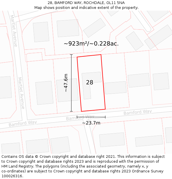 28, BAMFORD WAY, ROCHDALE, OL11 5NA: Plot and title map