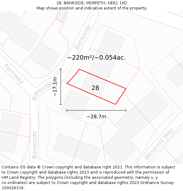 28, BANKSIDE, MORPETH, NE61 1XD: Plot and title map