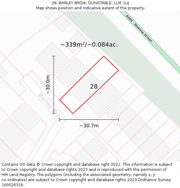 28, BARLEY BROW, DUNSTABLE, LU6 1UJ: Plot and title map