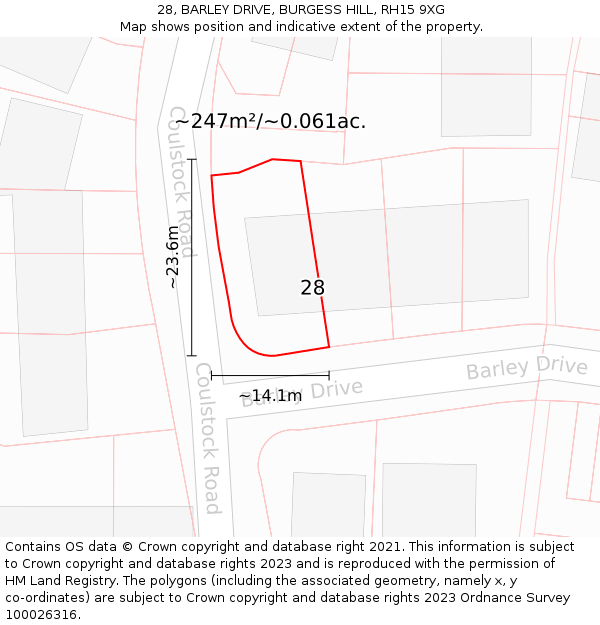 28, BARLEY DRIVE, BURGESS HILL, RH15 9XG: Plot and title map