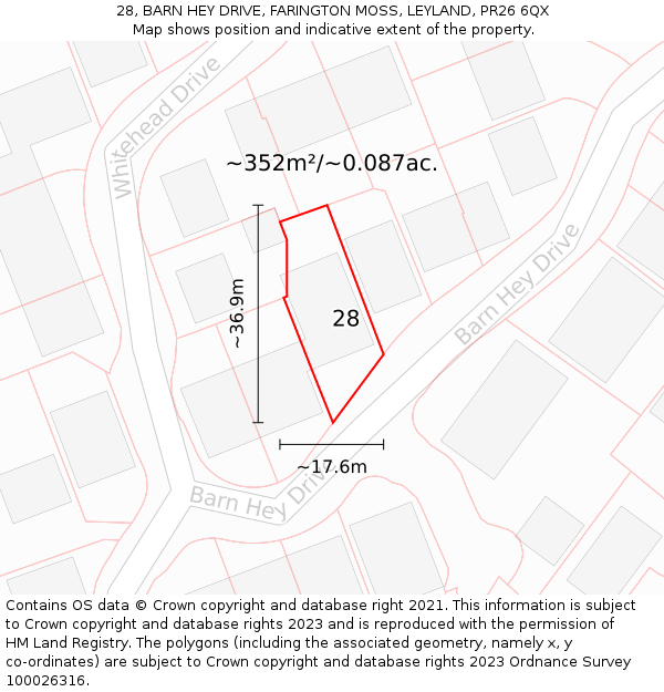 28, BARN HEY DRIVE, FARINGTON MOSS, LEYLAND, PR26 6QX: Plot and title map