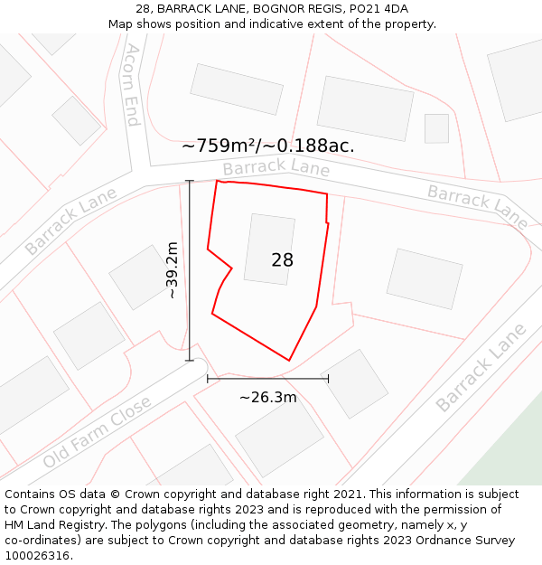 28, BARRACK LANE, BOGNOR REGIS, PO21 4DA: Plot and title map