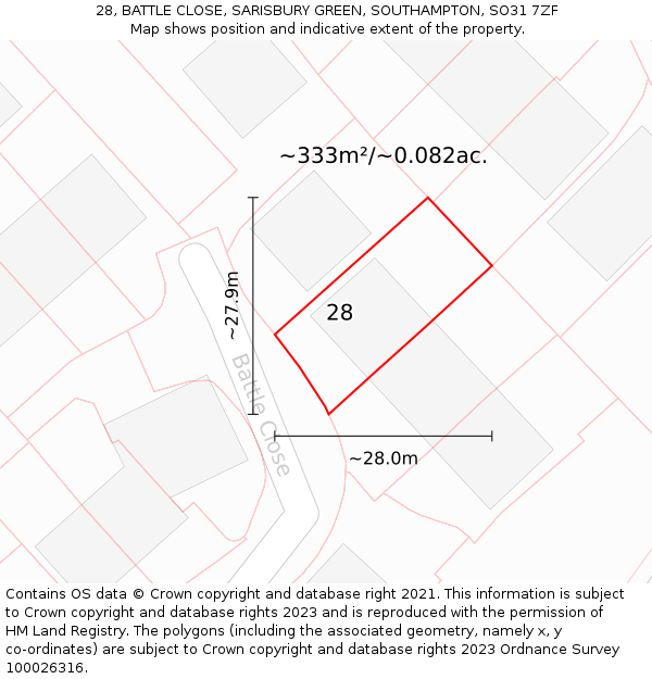 28, BATTLE CLOSE, SARISBURY GREEN, SOUTHAMPTON, SO31 7ZF: Plot and title map