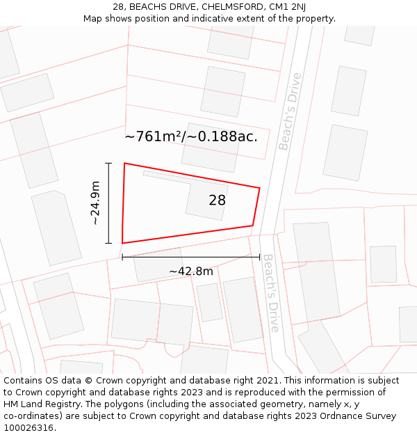 28, BEACHS DRIVE, CHELMSFORD, CM1 2NJ: Plot and title map