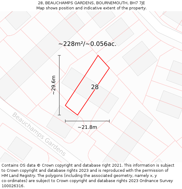 28, BEAUCHAMPS GARDENS, BOURNEMOUTH, BH7 7JE: Plot and title map