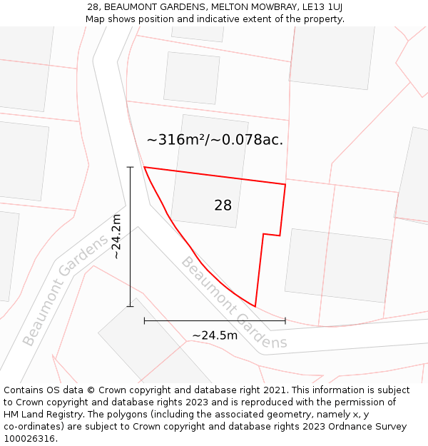 28, BEAUMONT GARDENS, MELTON MOWBRAY, LE13 1UJ: Plot and title map