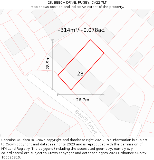 28, BEECH DRIVE, RUGBY, CV22 7LT: Plot and title map