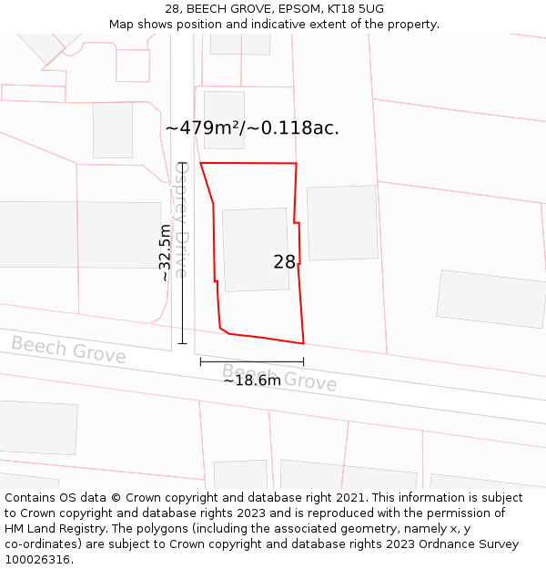 28, BEECH GROVE, EPSOM, KT18 5UG: Plot and title map