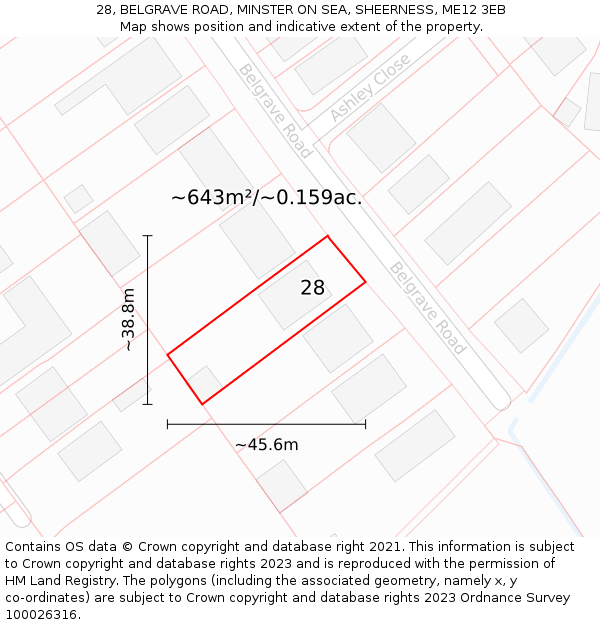 28, BELGRAVE ROAD, MINSTER ON SEA, SHEERNESS, ME12 3EB: Plot and title map