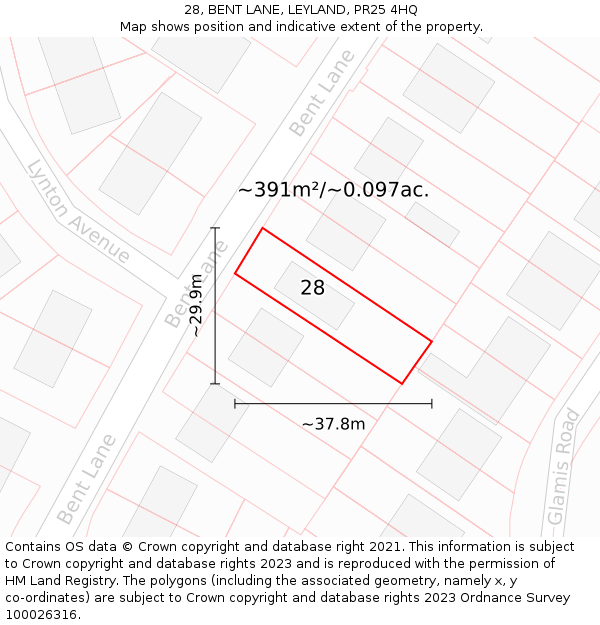 28, BENT LANE, LEYLAND, PR25 4HQ: Plot and title map