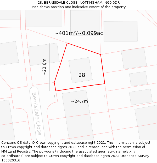 28, BERNISDALE CLOSE, NOTTINGHAM, NG5 5DR: Plot and title map