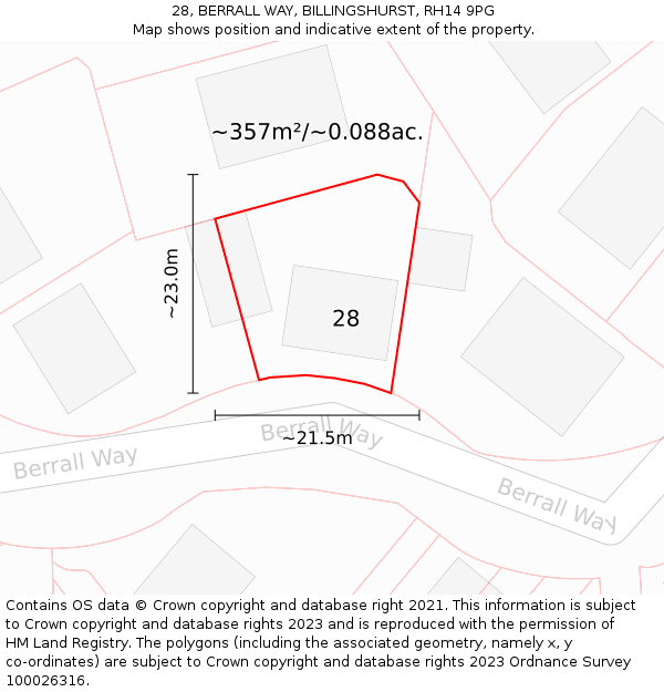 28, BERRALL WAY, BILLINGSHURST, RH14 9PG: Plot and title map