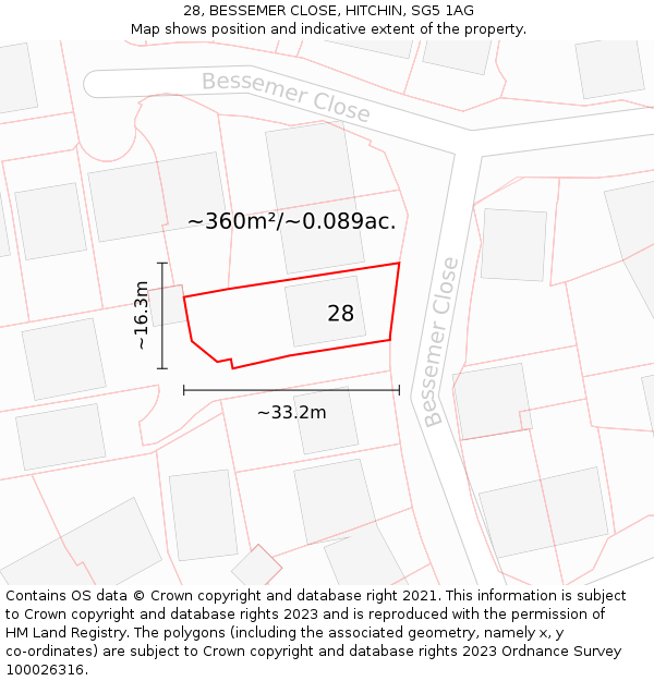 28, BESSEMER CLOSE, HITCHIN, SG5 1AG: Plot and title map