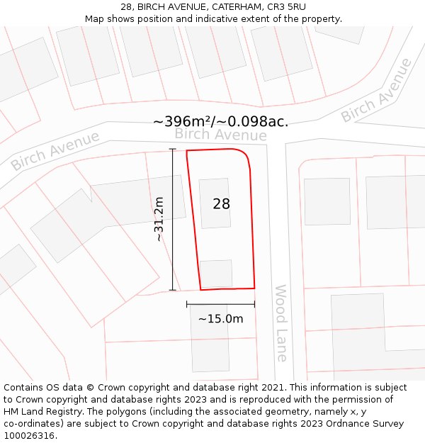 28, BIRCH AVENUE, CATERHAM, CR3 5RU: Plot and title map