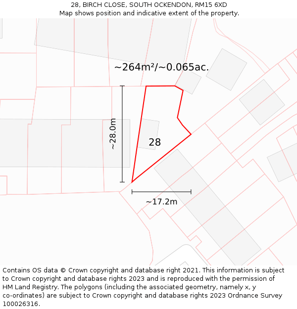 28, BIRCH CLOSE, SOUTH OCKENDON, RM15 6XD: Plot and title map