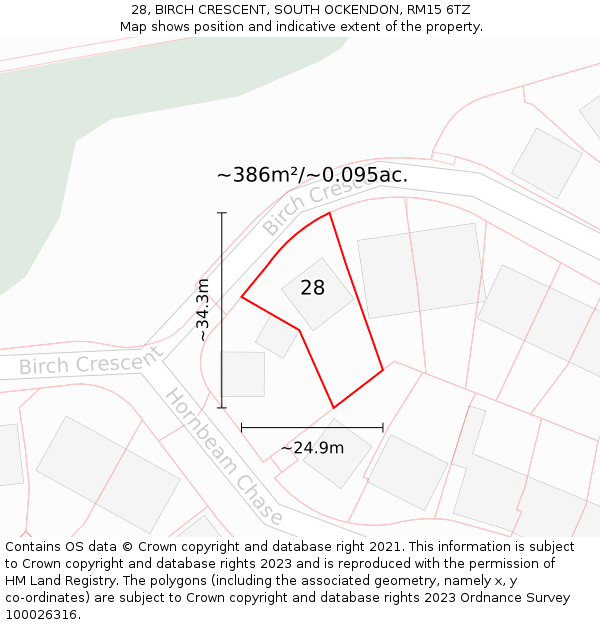 28, BIRCH CRESCENT, SOUTH OCKENDON, RM15 6TZ: Plot and title map