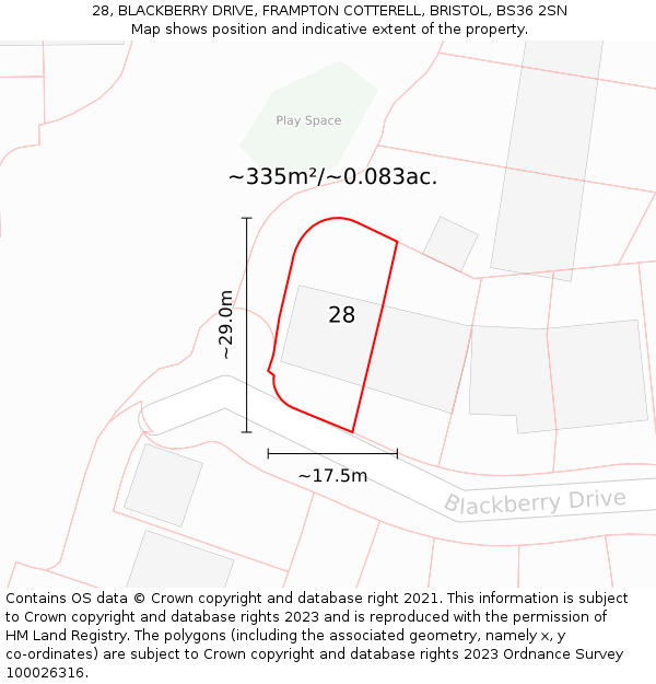 28, BLACKBERRY DRIVE, FRAMPTON COTTERELL, BRISTOL, BS36 2SN: Plot and title map