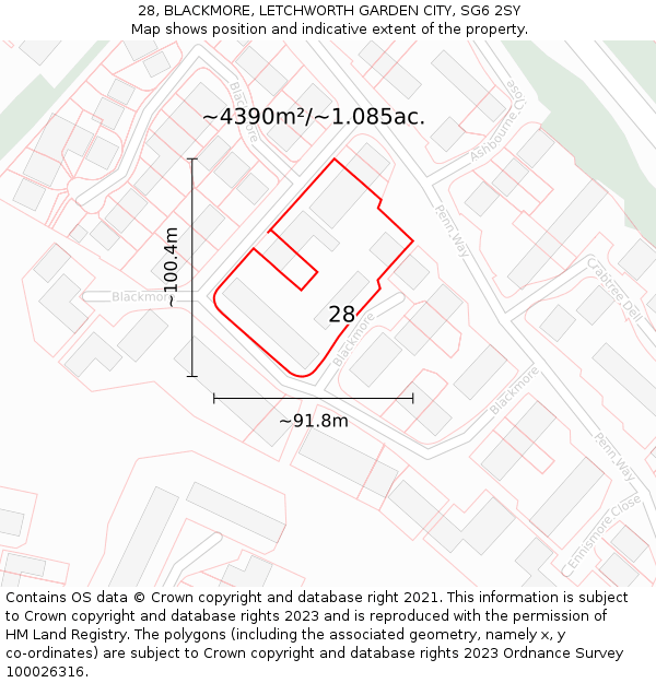 28, BLACKMORE, LETCHWORTH GARDEN CITY, SG6 2SY: Plot and title map