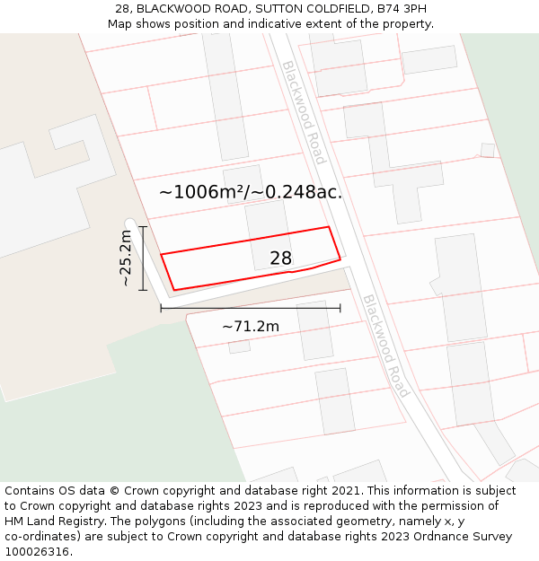 28, BLACKWOOD ROAD, SUTTON COLDFIELD, B74 3PH: Plot and title map