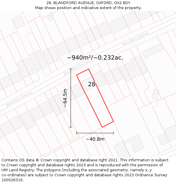 28, BLANDFORD AVENUE, OXFORD, OX2 8DY: Plot and title map