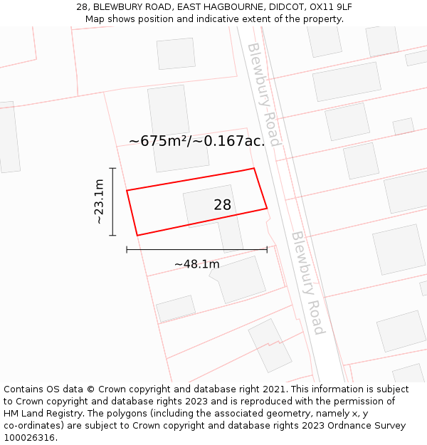 28, BLEWBURY ROAD, EAST HAGBOURNE, DIDCOT, OX11 9LF: Plot and title map