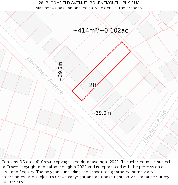 28, BLOOMFIELD AVENUE, BOURNEMOUTH, BH9 1UA: Plot and title map