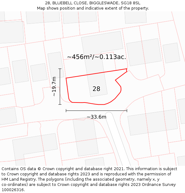 28, BLUEBELL CLOSE, BIGGLESWADE, SG18 8SL: Plot and title map