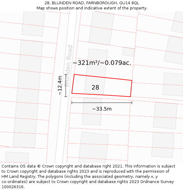 28, BLUNDEN ROAD, FARNBOROUGH, GU14 8QL: Plot and title map