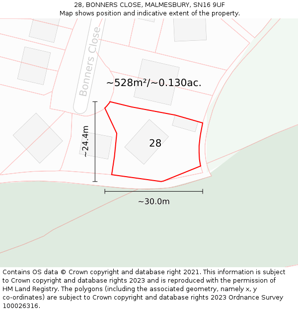 28, BONNERS CLOSE, MALMESBURY, SN16 9UF: Plot and title map