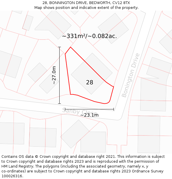 28, BONNINGTON DRIVE, BEDWORTH, CV12 8TX: Plot and title map