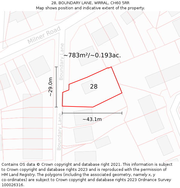 28, BOUNDARY LANE, WIRRAL, CH60 5RR: Plot and title map