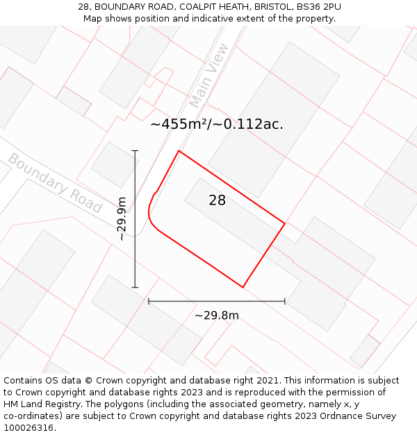 28, BOUNDARY ROAD, COALPIT HEATH, BRISTOL, BS36 2PU: Plot and title map