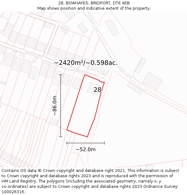 28, BOWHAYES, BRIDPORT, DT6 4EB: Plot and title map