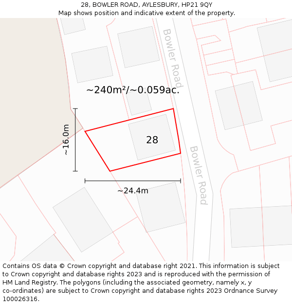 28, BOWLER ROAD, AYLESBURY, HP21 9QY: Plot and title map
