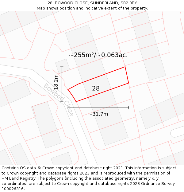 28, BOWOOD CLOSE, SUNDERLAND, SR2 0BY: Plot and title map