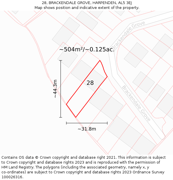 28, BRACKENDALE GROVE, HARPENDEN, AL5 3EJ: Plot and title map