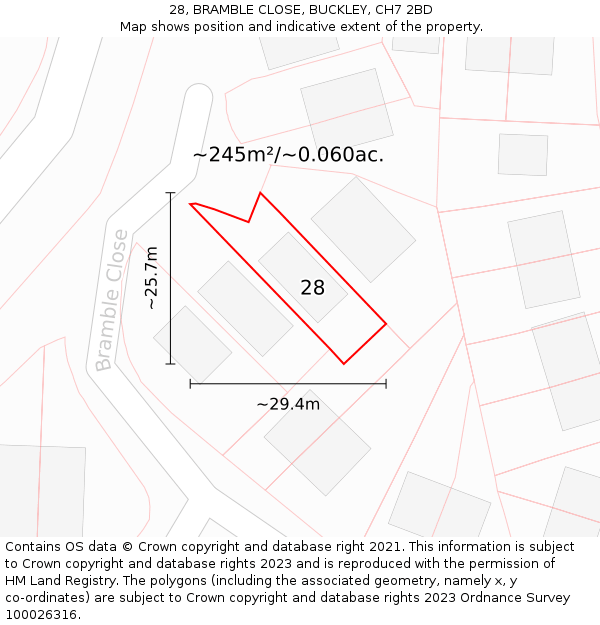 28, BRAMBLE CLOSE, BUCKLEY, CH7 2BD: Plot and title map