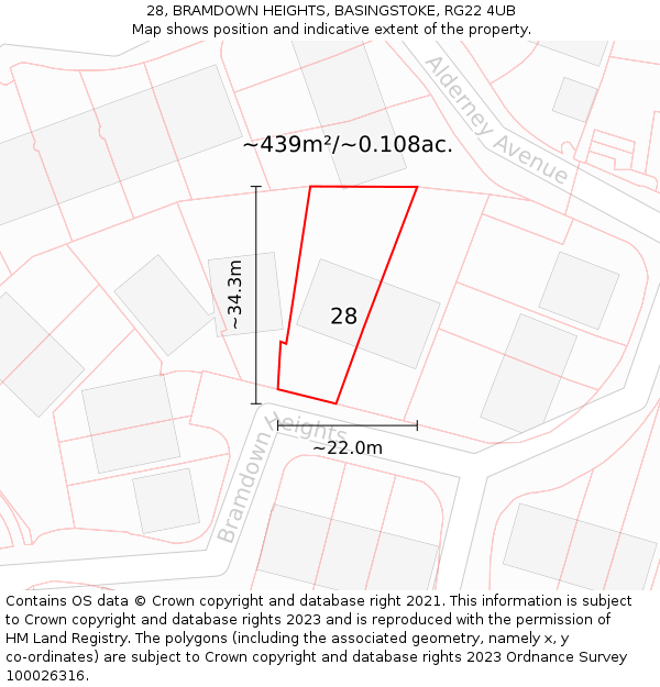 28, BRAMDOWN HEIGHTS, BASINGSTOKE, RG22 4UB: Plot and title map