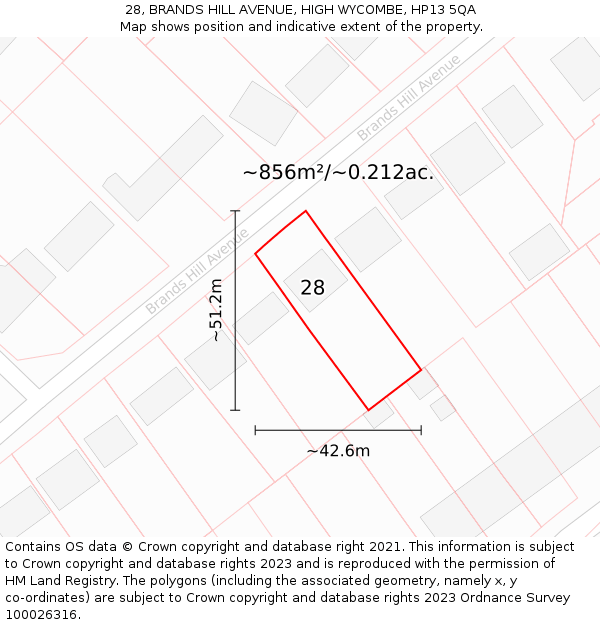 28, BRANDS HILL AVENUE, HIGH WYCOMBE, HP13 5QA: Plot and title map
