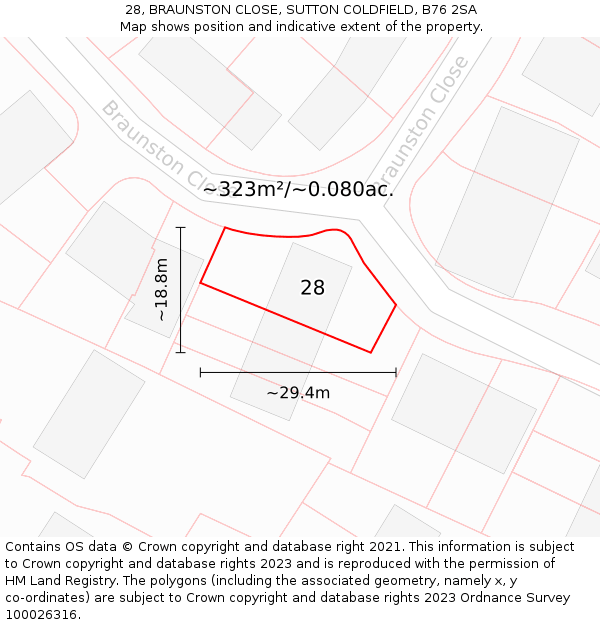 28, BRAUNSTON CLOSE, SUTTON COLDFIELD, B76 2SA: Plot and title map