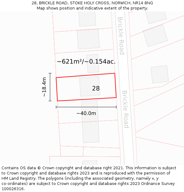 28, BRICKLE ROAD, STOKE HOLY CROSS, NORWICH, NR14 8NG: Plot and title map