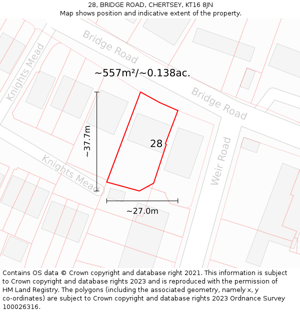 28, BRIDGE ROAD, CHERTSEY, KT16 8JN: Plot and title map