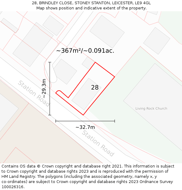 28, BRINDLEY CLOSE, STONEY STANTON, LEICESTER, LE9 4GL: Plot and title map