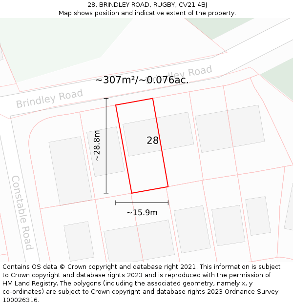 28, BRINDLEY ROAD, RUGBY, CV21 4BJ: Plot and title map